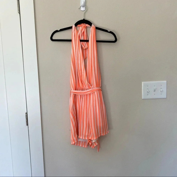 CALS Orange and White Stripped Romper Shorts with Pockets and Plunging V Neck S - Picture 11 of 13